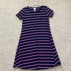 Girls striped navy blue and red dress with breast pocket. Size XS.